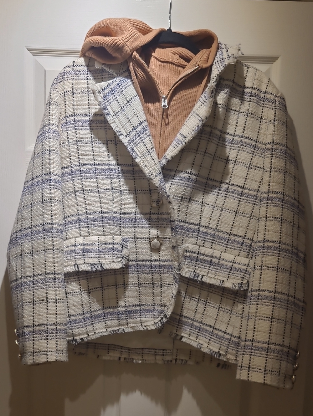 Anthropologie Plaid Tweed Blazer in Cream and Blue